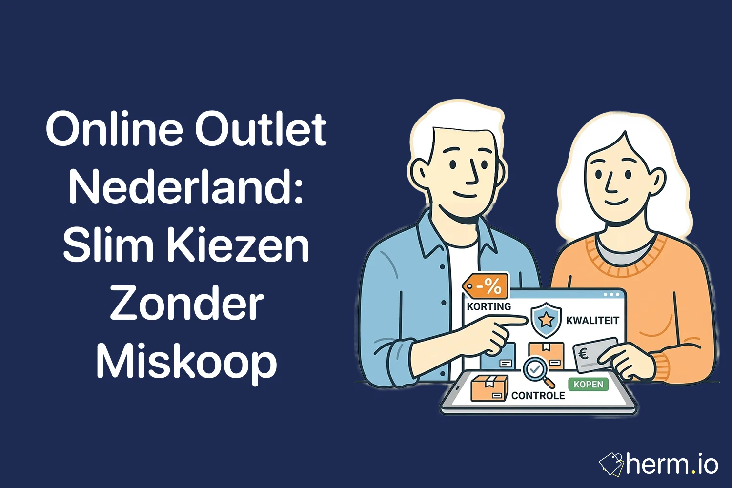 Nederlandse shopper vergelijkt online outlets op laptop met prijskaartjes, retourinformatie en bekende webshops zoals bol en Zalando.