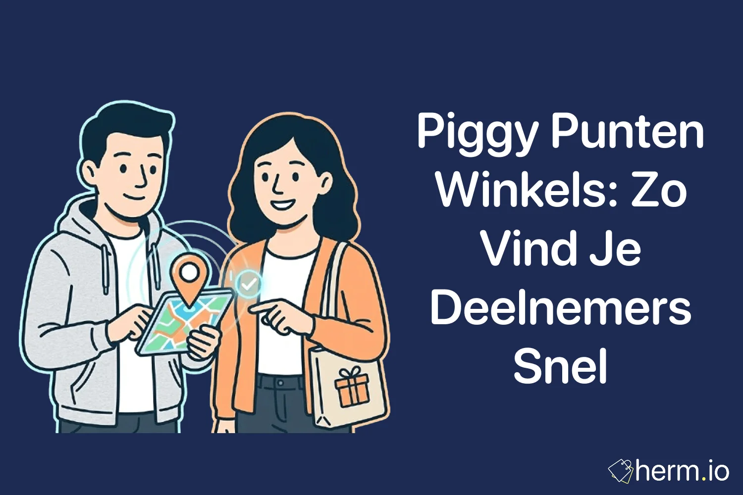 Illustratie van een telefoon met Piggy spaarpunten en lokale winkels in Nederland waar klanten punten kunnen sparen.