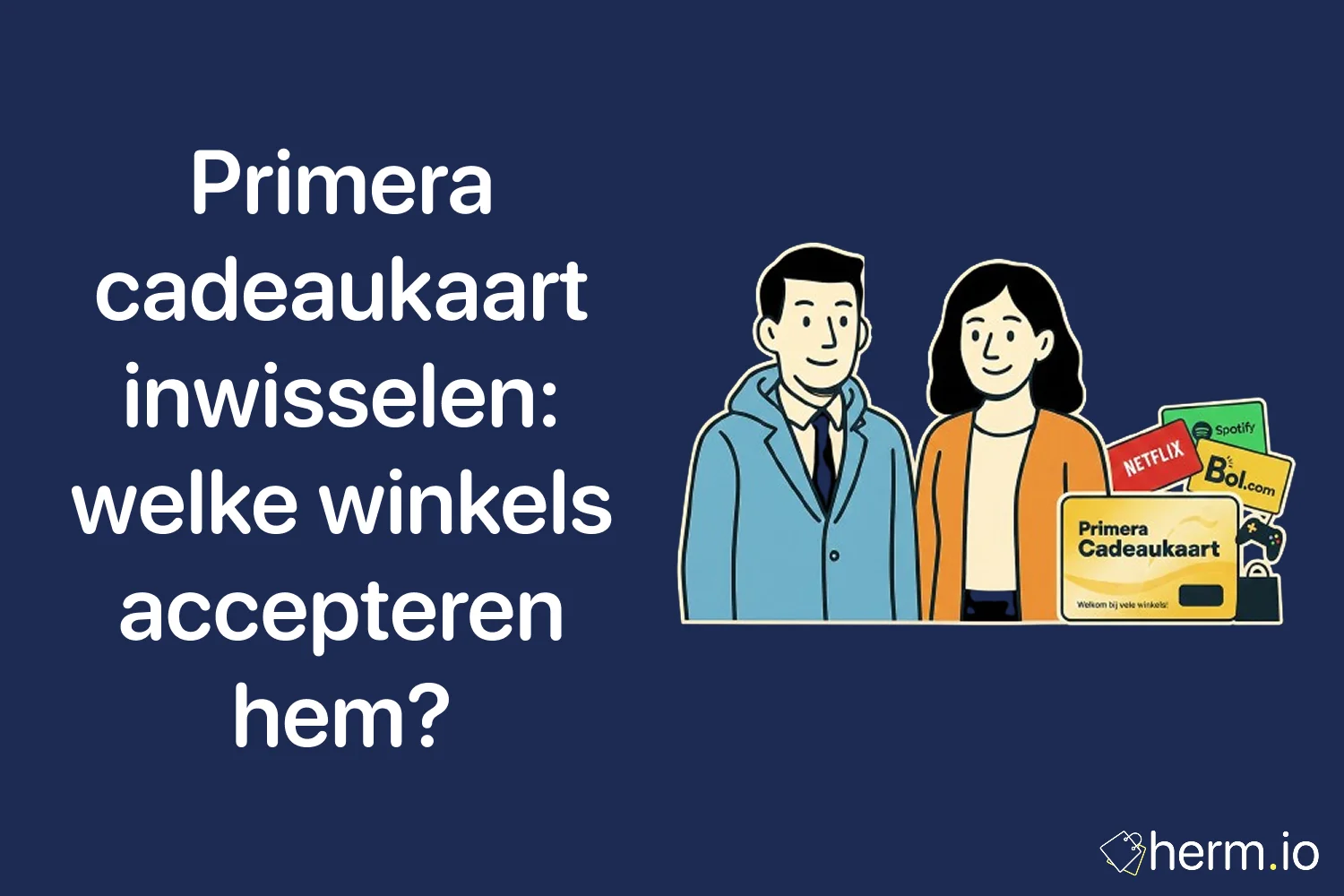 Illustratie van Primera cadeaukaart met diverse winkelkaarten – welke winkels accepteren de Primera cadeaukaart en hoe wissel je hem in.