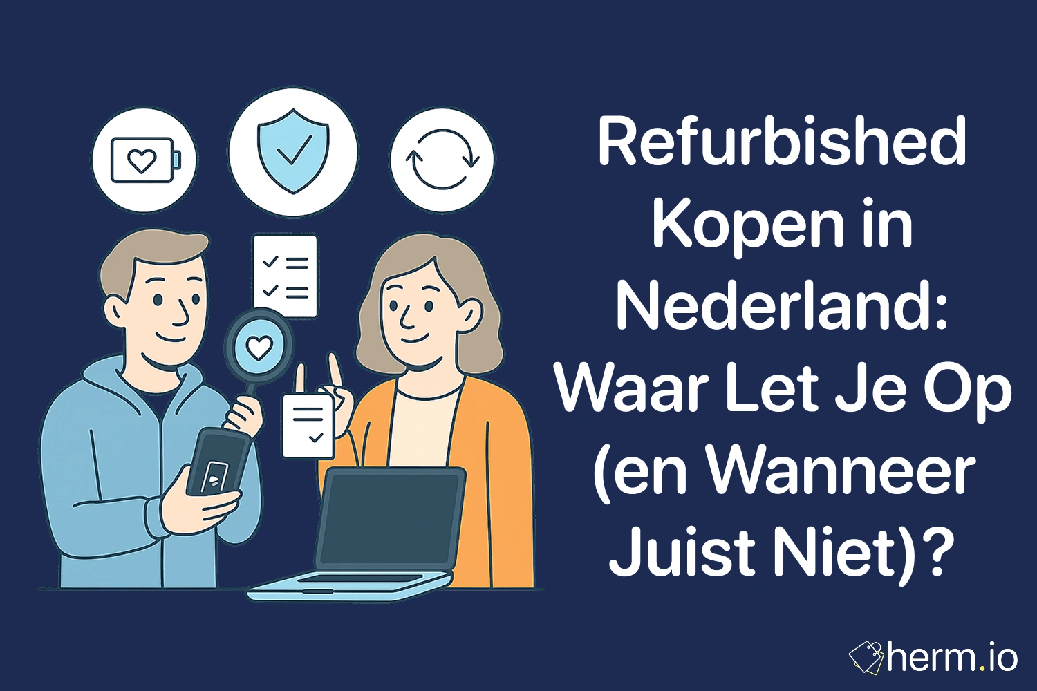 Illustratie van koppel dat refurbished telefoon en laptop controleert met checklist en keurmerk.