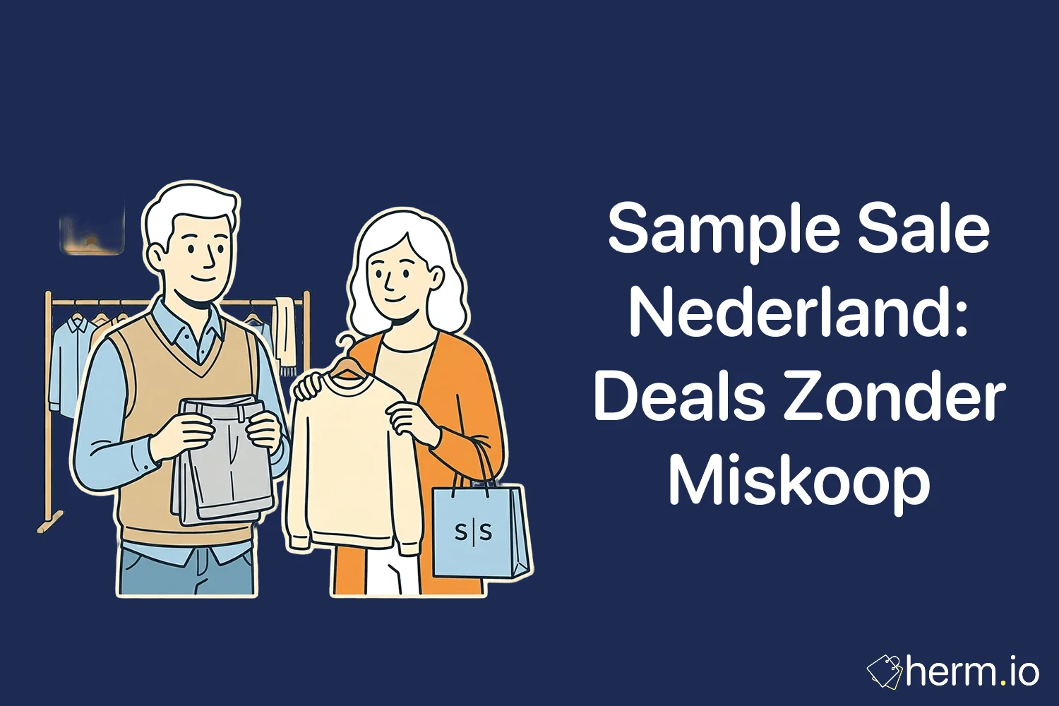 Shopper controleert designer kleding bij een sample sale in Nederland en vergelijkt prijzen om miskopen te voorkomen.