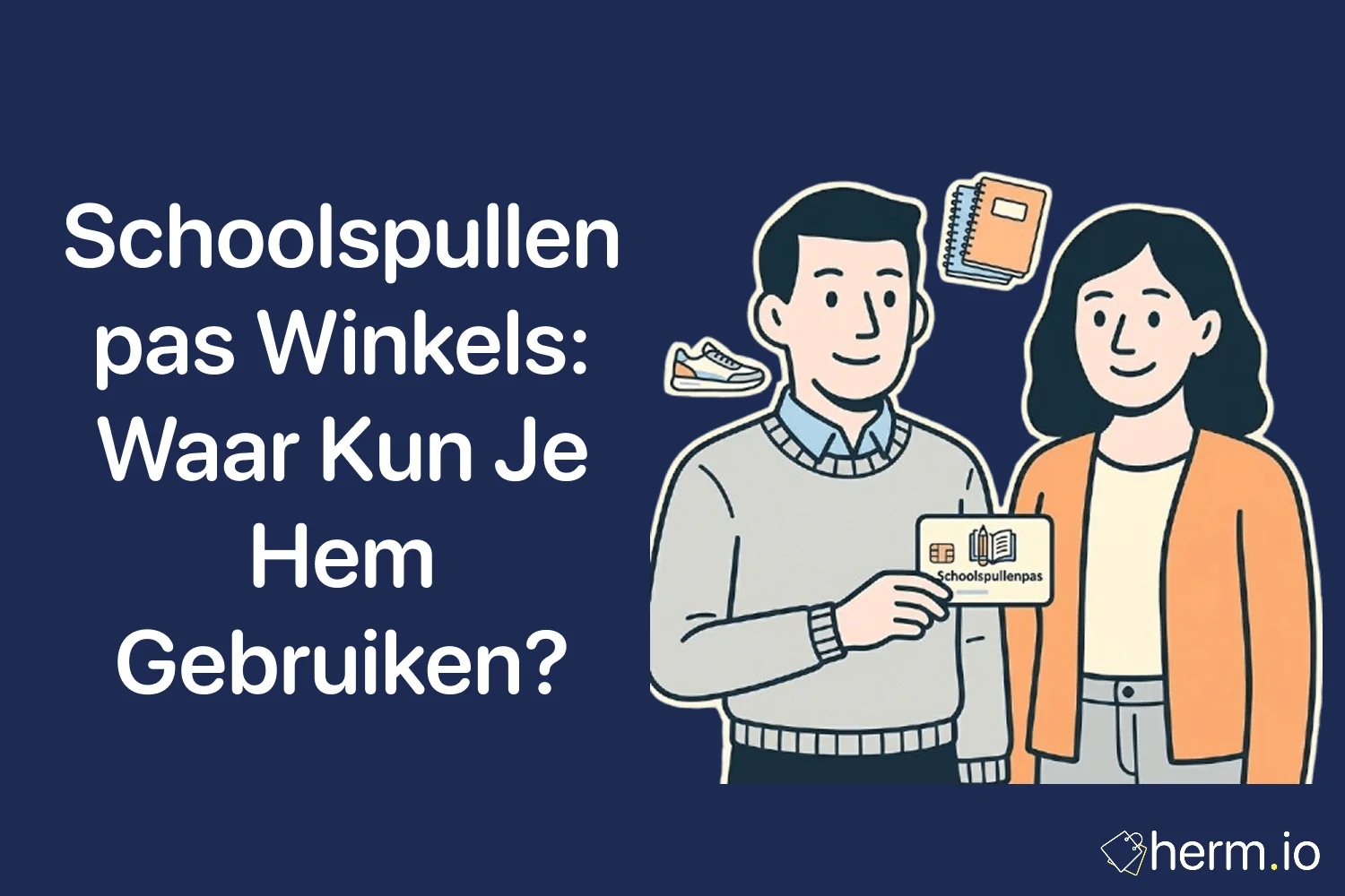 Ouder en kind bekijken een schoolspullenlijst naast een betaalpas, met pennen, schriften en een rugzak op tafel.