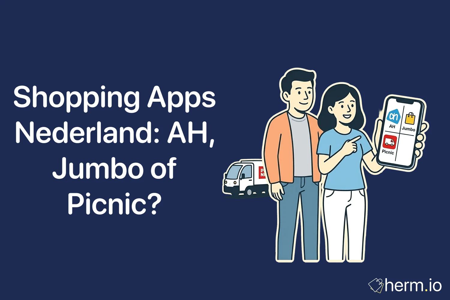 Vergelijking van shopping apps Nederland met AH Online, Jumbo en Picnic op een telefoon naast boodschappen en bezorgkratjes.