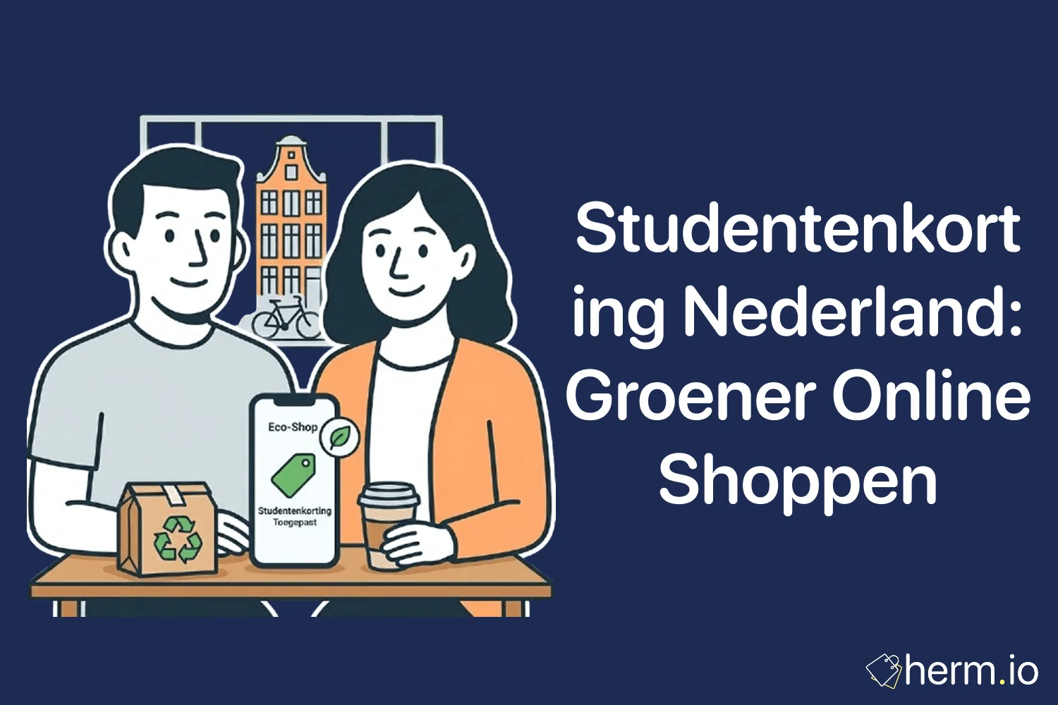 Student op de fiets met pakket bij een afhaalpunt, met laptop en boodschappentas als symbool voor goedkoper en bewuster online shoppen.