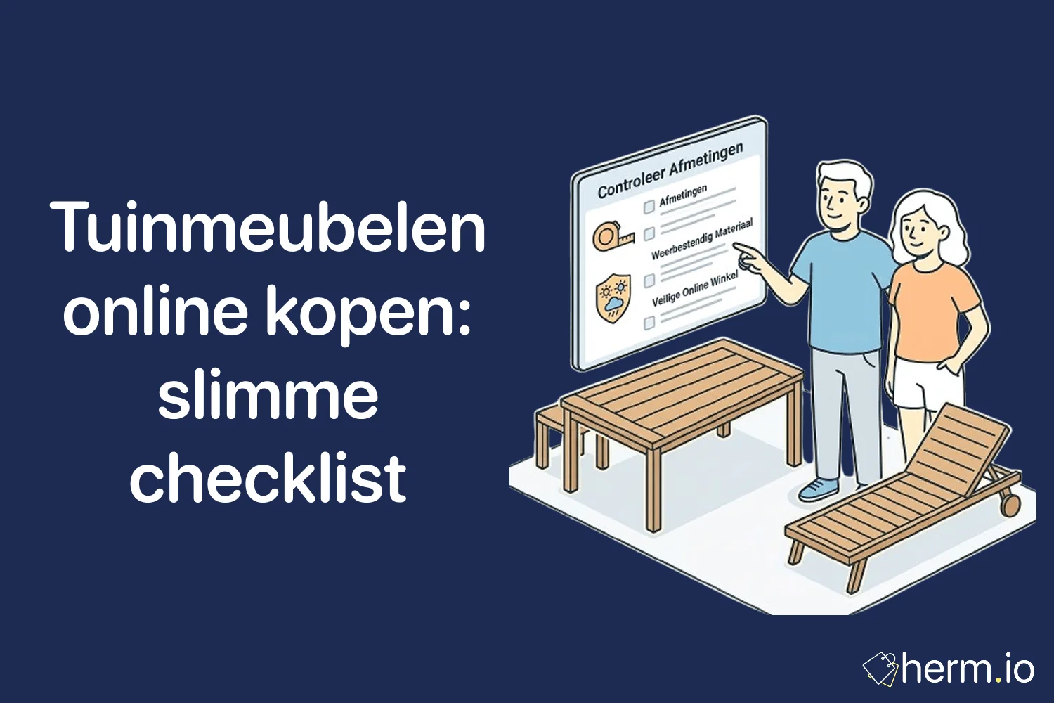 Nederlandse shopper vergelijkt online tuinmeubelen op laptop met meetlint, terras en loungeset op de achtergrond.