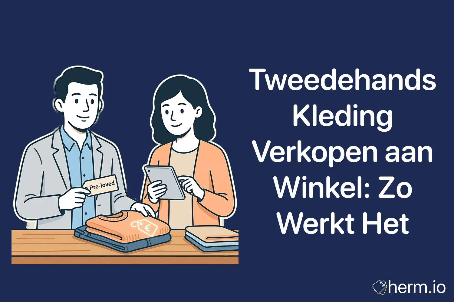 Netjes gevouwen tweedehands kleding en schoenen klaar voor inbreng bij een winkel, met labels en een verkoopchecklist op tafel.