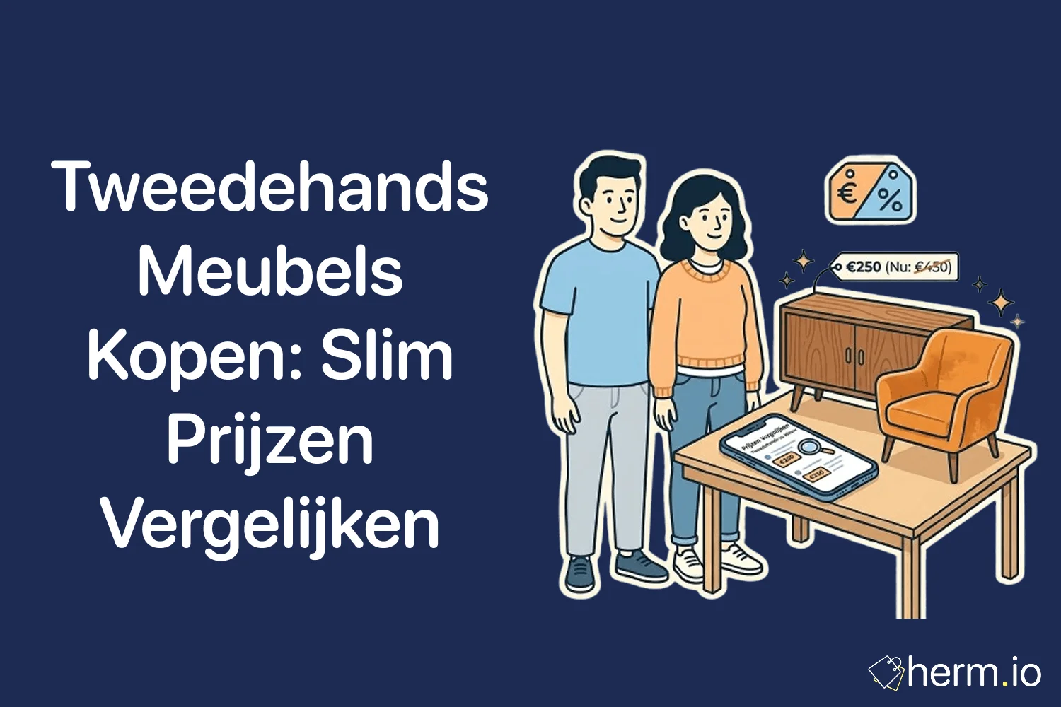 Tweedehands eettafel, kast en fauteuil naast laptop met prijsvergelijking voor slim meubels kopen in Nederland