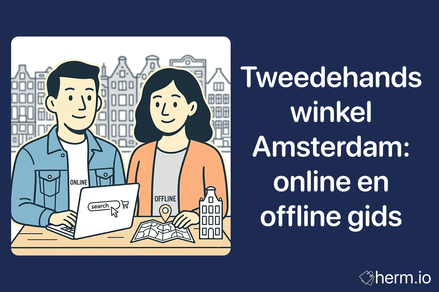 Shopper tussen vintage kledingrekken en tweedehands meubels in Amsterdam met telefoon voor online aanbiedingen en platforms.