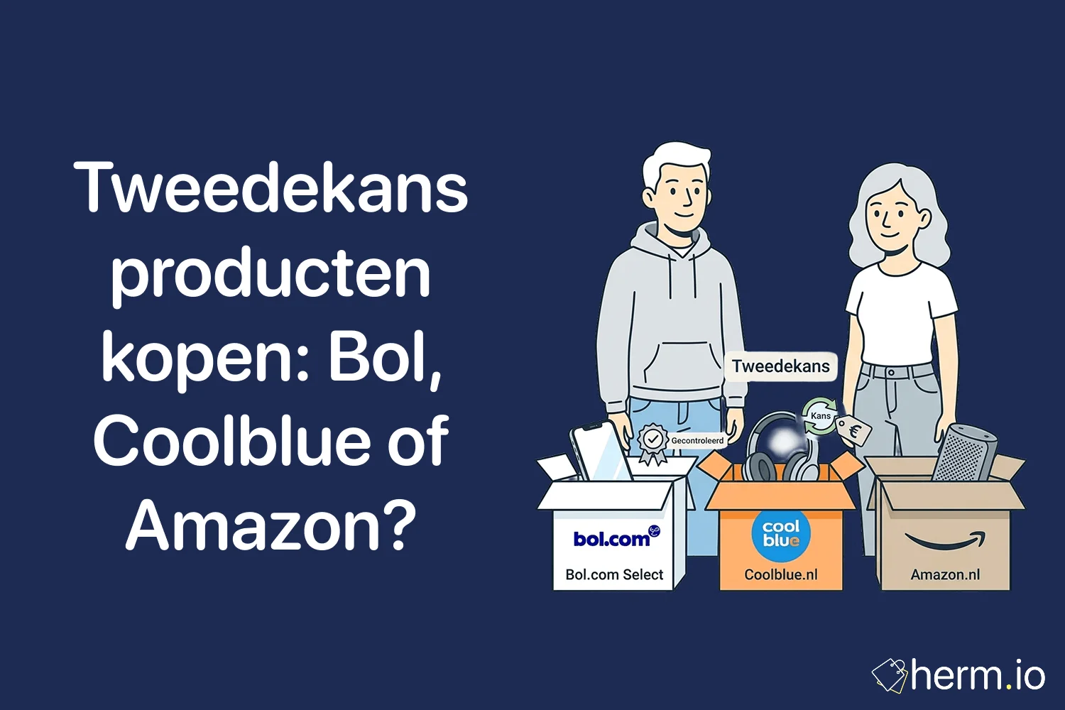 Vergelijking van tweedekans producten bij Bol, Coolblue en Amazon met retourdozen, prijskaartjes en online winkelmandjes.