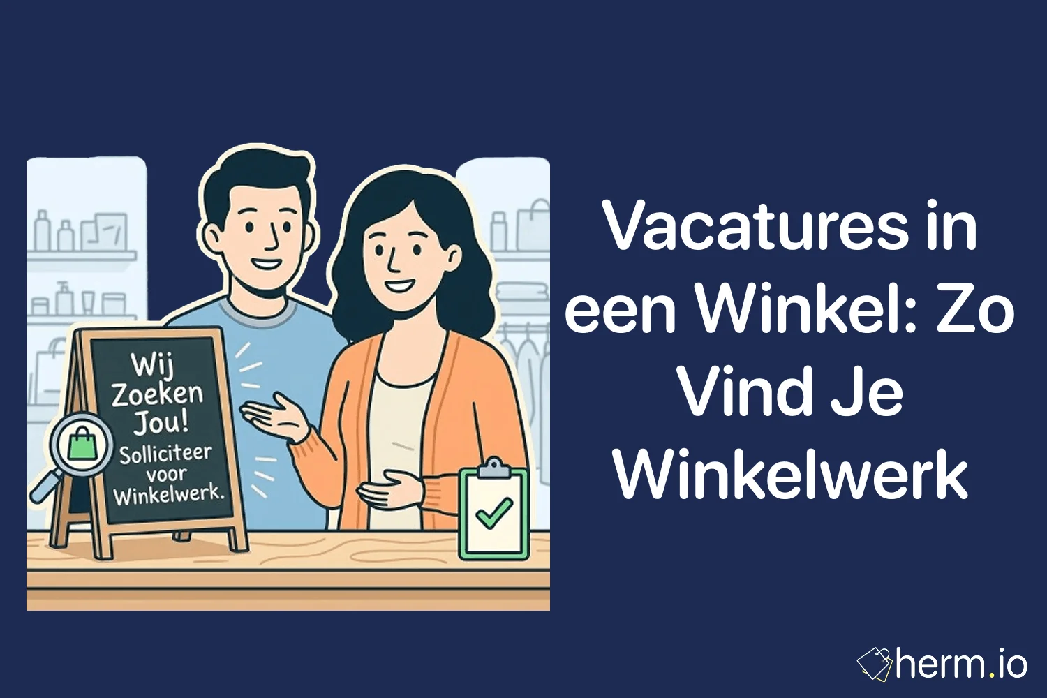 Jonge sollicitant bekijkt vacatures in een winkel op laptop met cv, rooster en checklist voor winkelwerk in Nederland.