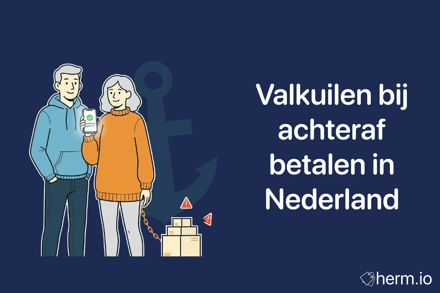 Illustratie van een man en vrouw die achteraf betalen met een smartphone, met waarschuwingen en pakketten die risico’s van achteraf betalen in Nederland tonen.