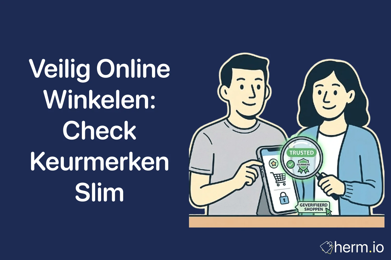 Consument controleert keurmerk, reviews en betaalmethode op laptop voor veilig online winkelen bij Nederlandse webshops.