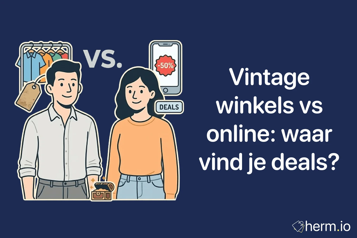 Kledingrekken in een vintage winkel naast een telefoon met tweedehands kledingapps voor slimme deals in Nederland.