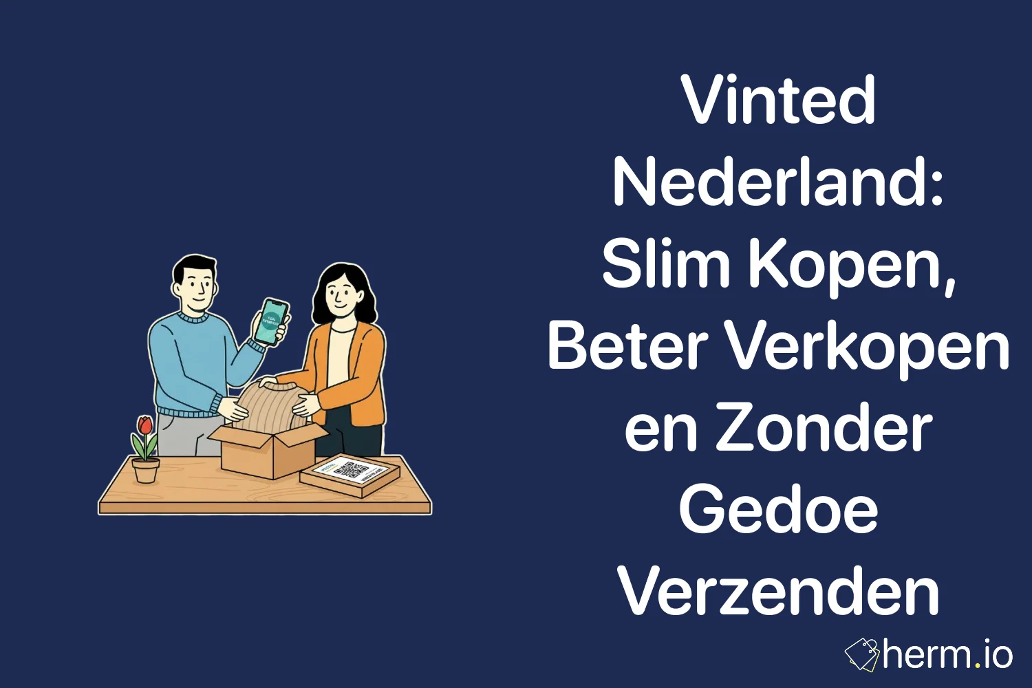 Illustratie van kopen en verkopen via Vinted Nederland met pakketverzending – slim tweedehands kleding kopen en verkopen zonder gedoe.