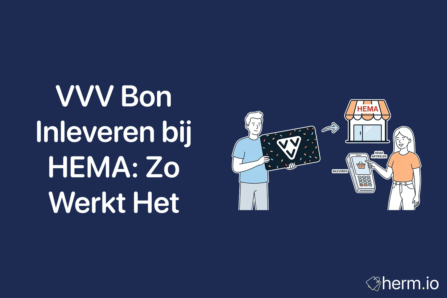Illustratie van een VVV bon bij de HEMA kassa met saldo, pinbetaling en winkelmandje in een Nederlandse winkelcontext.