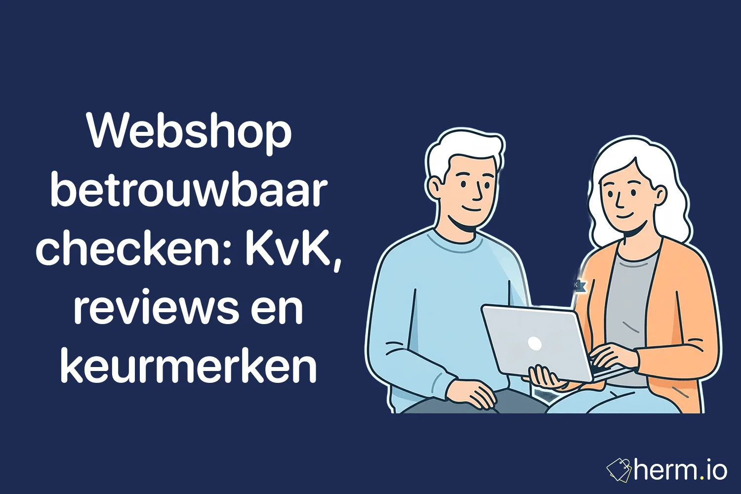 Consument controleert een Nederlandse webshop op KvK, reviews, keurmerk en veilige betaalmethoden voor een online aankoop.