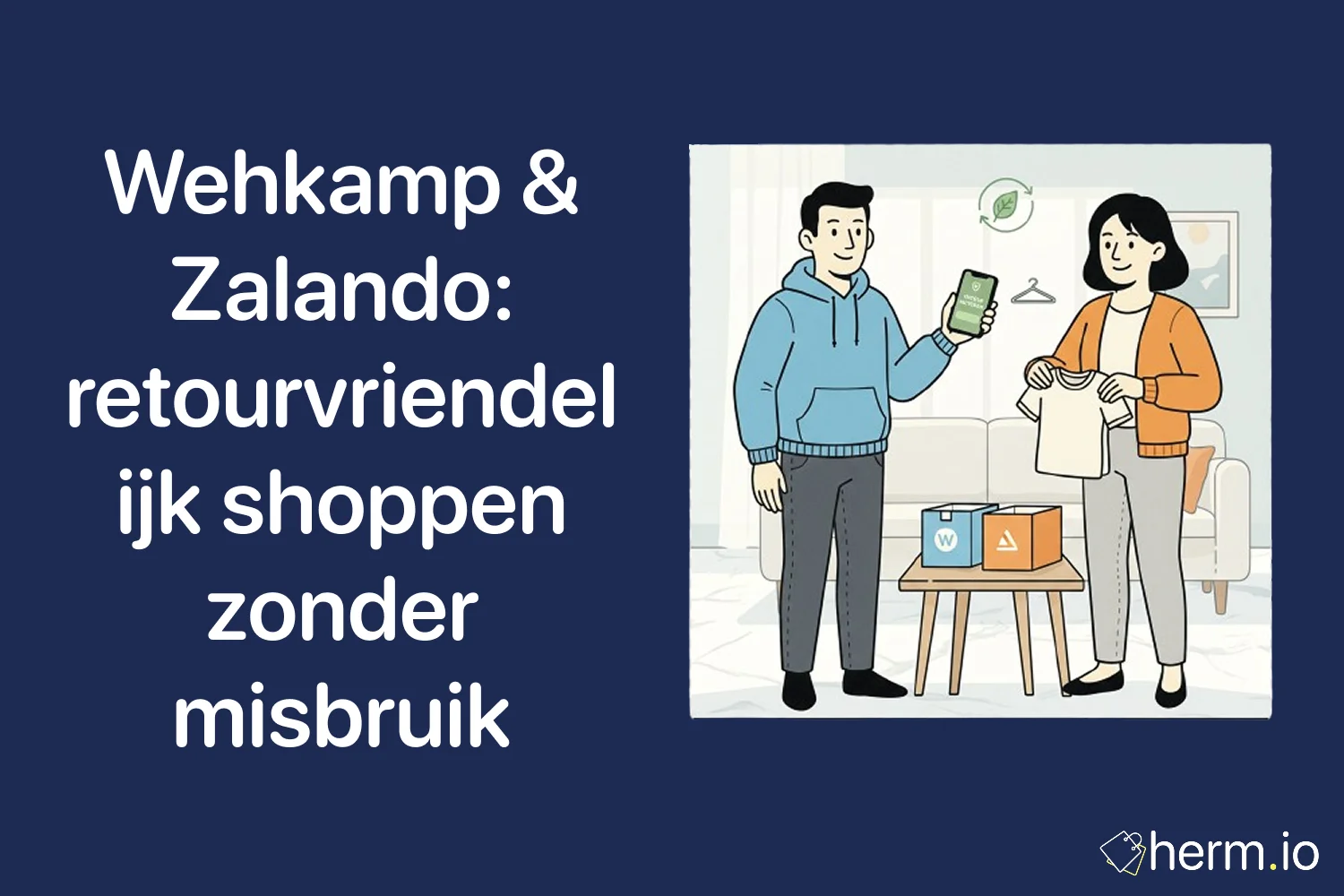 Illustratie van online shoppen bij Wehkamp en Zalando met retourdozen – uitleg over retourvriendelijk winkelen zonder misbruik.