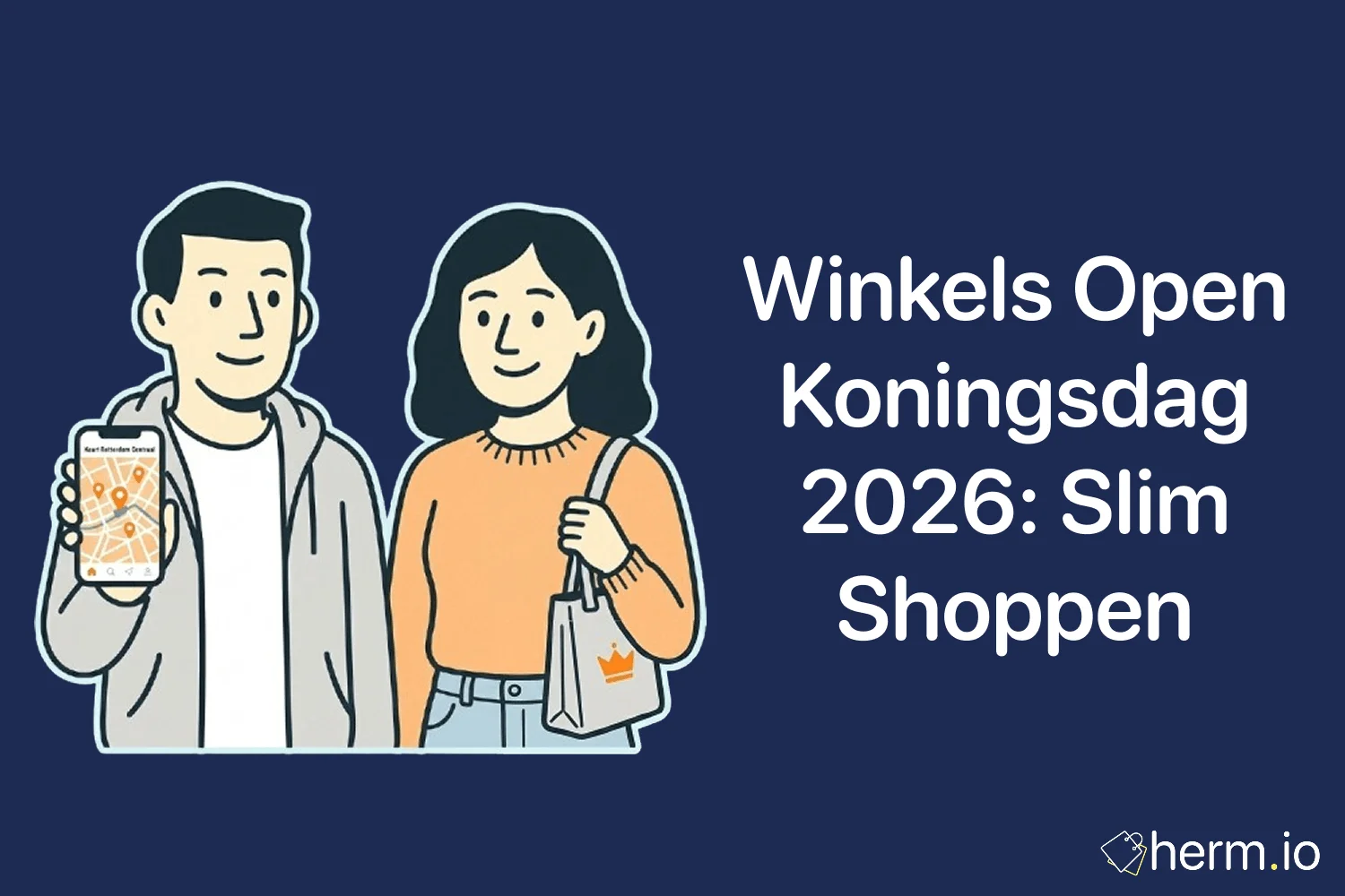 Drukke Nederlandse winkelstraat met oranje versiering op Koningsdag, met mensen die boodschappen en aankopen plannen.