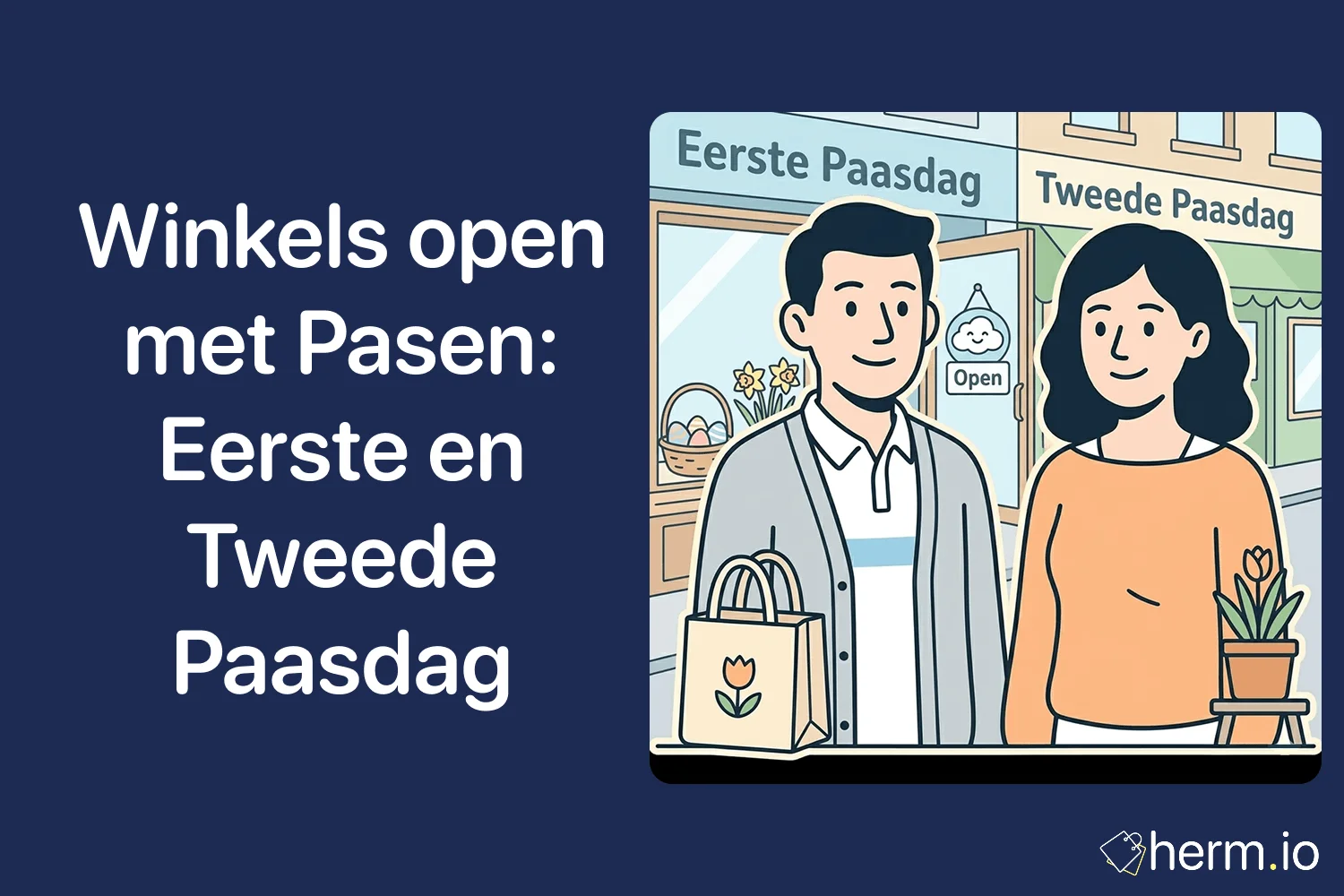 Consument controleert paasopeningstijden op telefoon met boodschappen, tuinplanten en winkelstraat op de achtergrond.