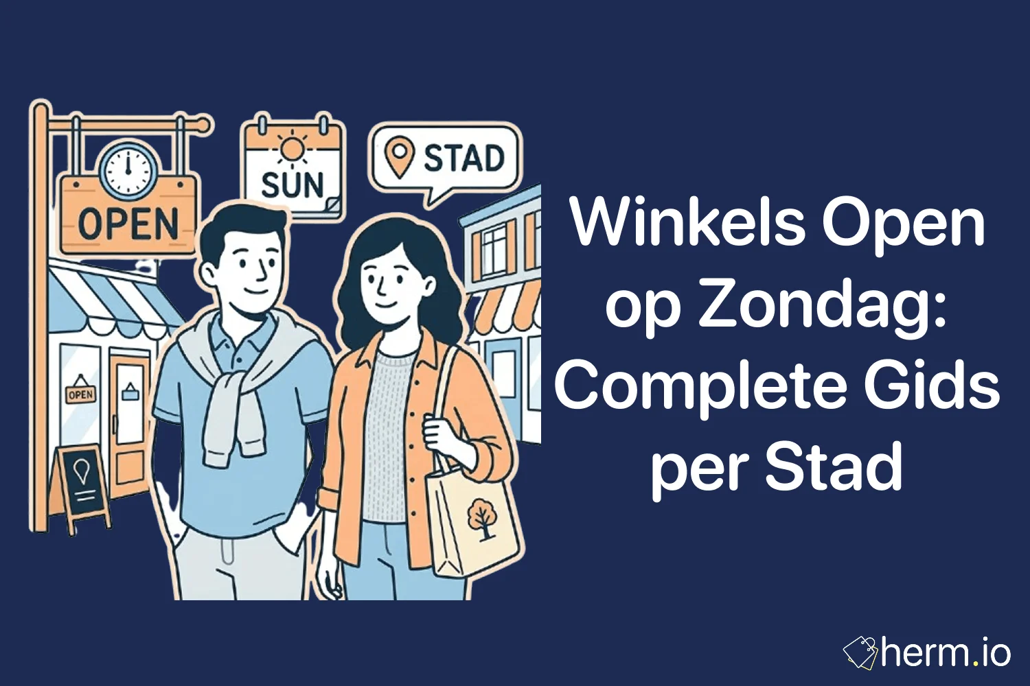 Nederlandse winkelstraat op zondag met geopende winkels, shoppers en een praktisch overzicht van koopzondagen per stad.