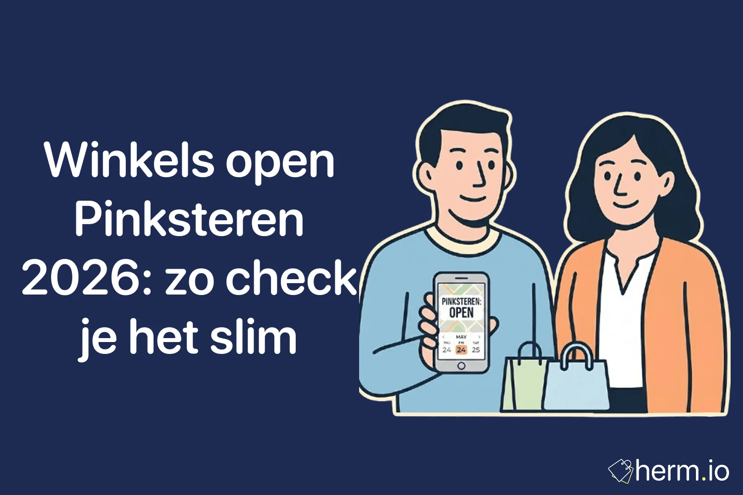 Nederlandse winkelstraat met shoppers tijdens Pinksteren, met checklist voor openingstijden van winkels en supermarkten in 2026.