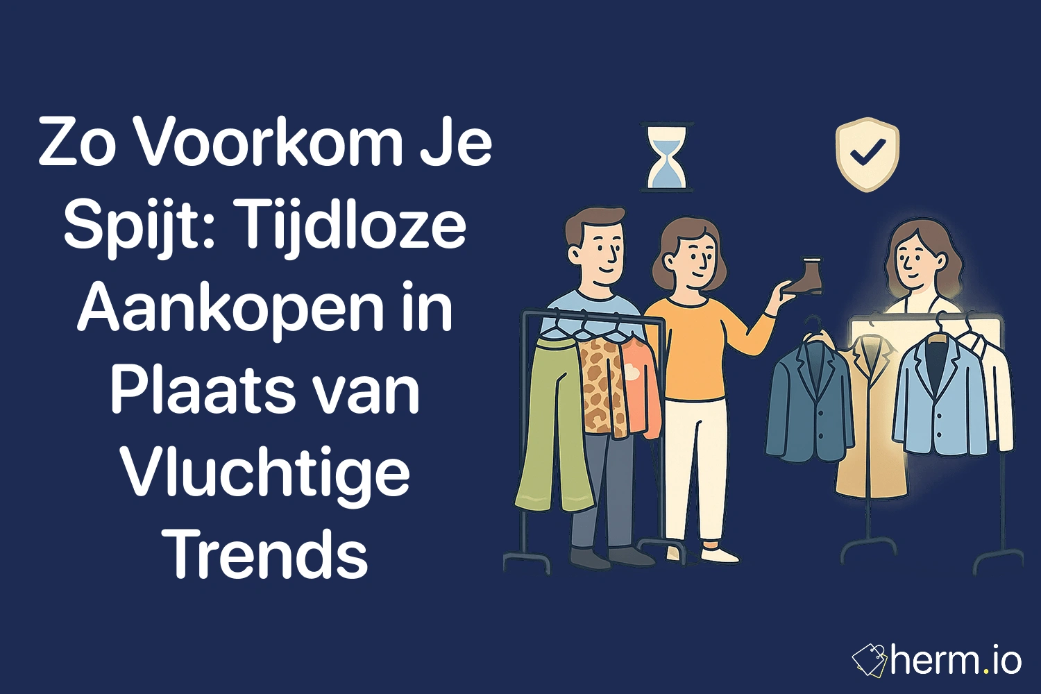 Illustratie van shoppers die duurzame, tijdloze kleding kiezen in plaats van snelle modetrends.