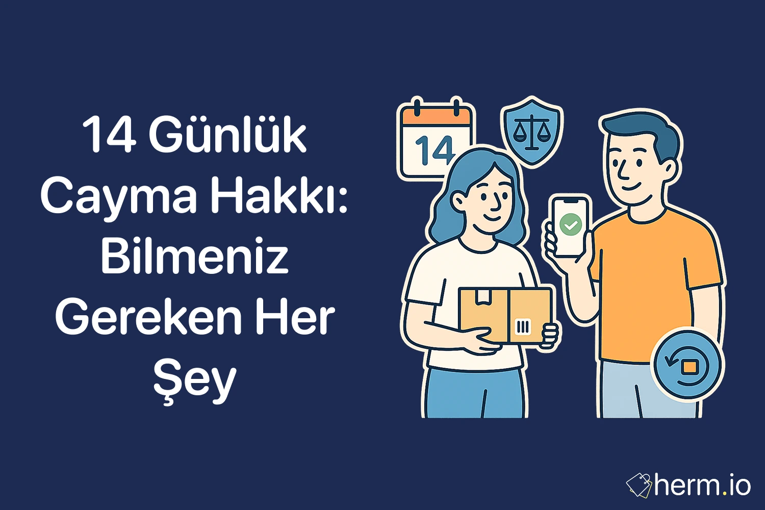 İade paketini tutan iki kişi; 14 gün takvim, adalet terazisi kalkanı ve geri gönderim ikonu; cayma hakkı koşulları ve iade süreci rehberi.