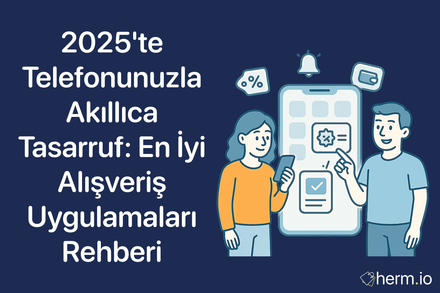 Büyük telefon ekranı önünde iki kişi; bildirim, cüzdan ve yüzde ikonları; 2025’te iOS ve Android için en iyi tasarruf/alışveriş uygulamaları.