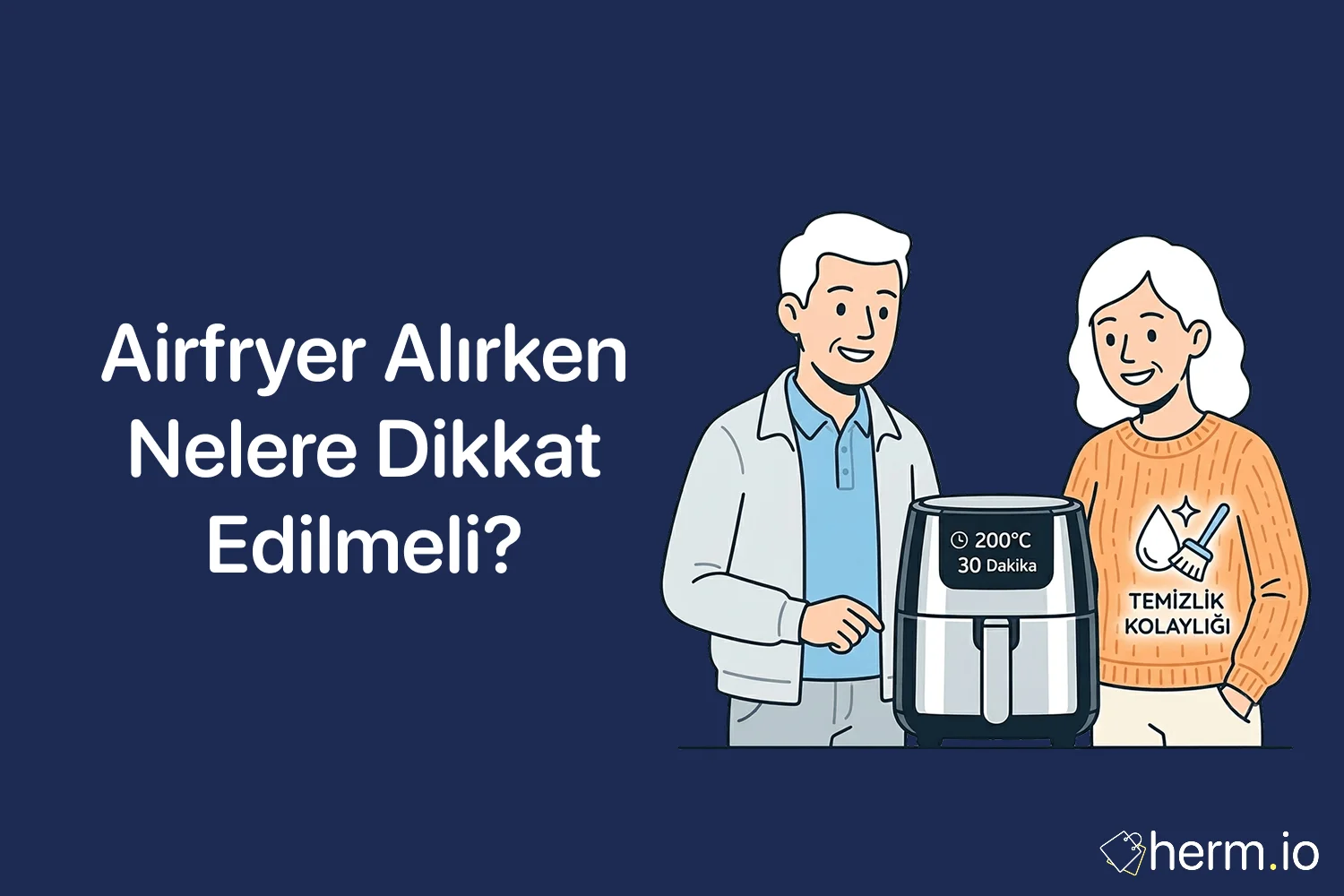 Airfryer alışverişinde litre, watt, sepet temizliği, garanti ve mutfak ölçüsü kontrolünü anlatan Türkçe rehber görseli.