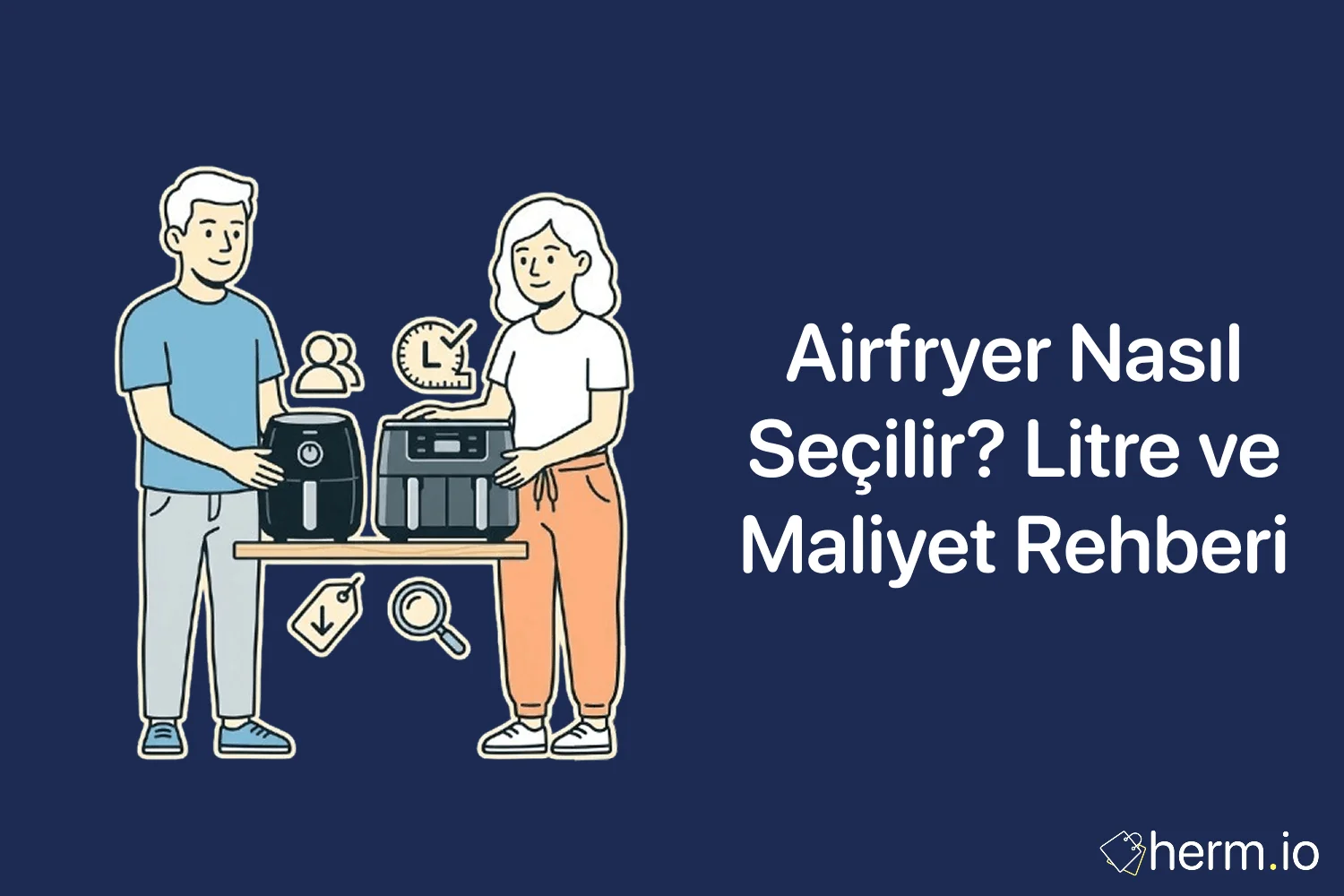 Airfryer alışveriş rehberi kapak görseli: mutfak tezgahında sıcak hava fritözü, ölçü tablosu ve elektrik maliyeti notları.