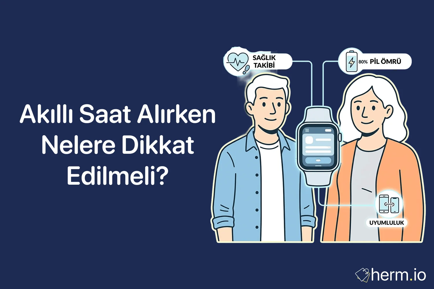 Akıllı saat alışverişinde telefon uyumu, pil ömrü, sensörler ve garanti kontrolünü gösteren Türkçe rehber görseli.