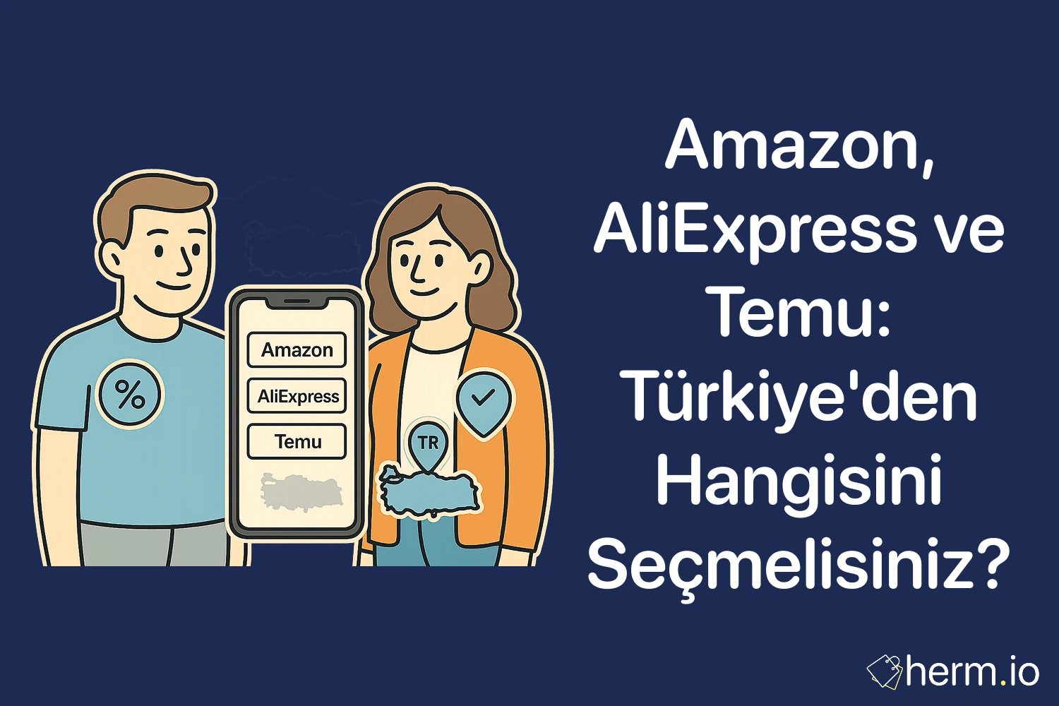 Telefon ekranında Amazon, AliExpress ve Temu seçenekleri; Türkiye haritası ve TR konum pini; yurt dışı platform kıyaslama rehberi.
