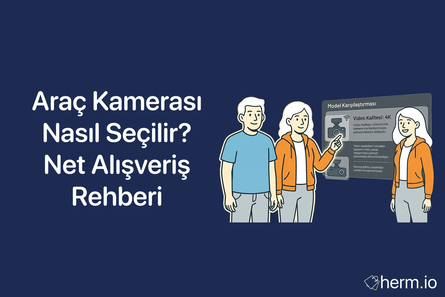 Araç kamerası alışveriş rehberi için ön cama takılı dashcam, hafıza kartı ve gece sürüşü ikonlarını gösteren kapak görseli.