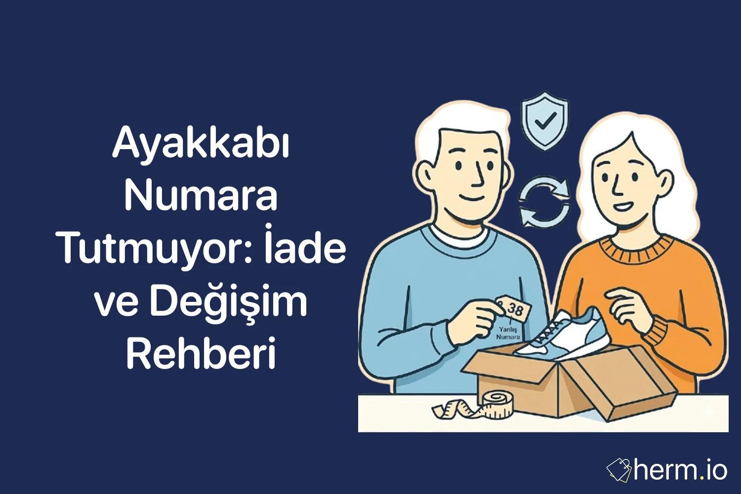 Online alınan ayakkabıda numara uymayınca iade ve değişim adımlarını gösteren kutu, kargo ve tüketici hakları temalı görsel.