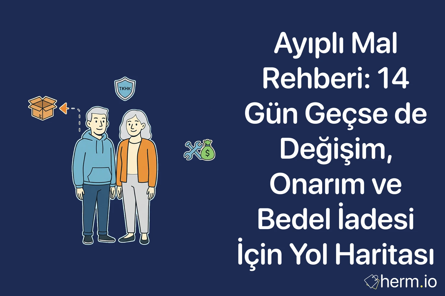 Ayıplı mal rehberi kapak görseli: 14 gün geçse de değişim, onarım ve bedel iadesi yol haritası; iade kutusu ve TKHK simgesi olan çift illüstrasyonu.