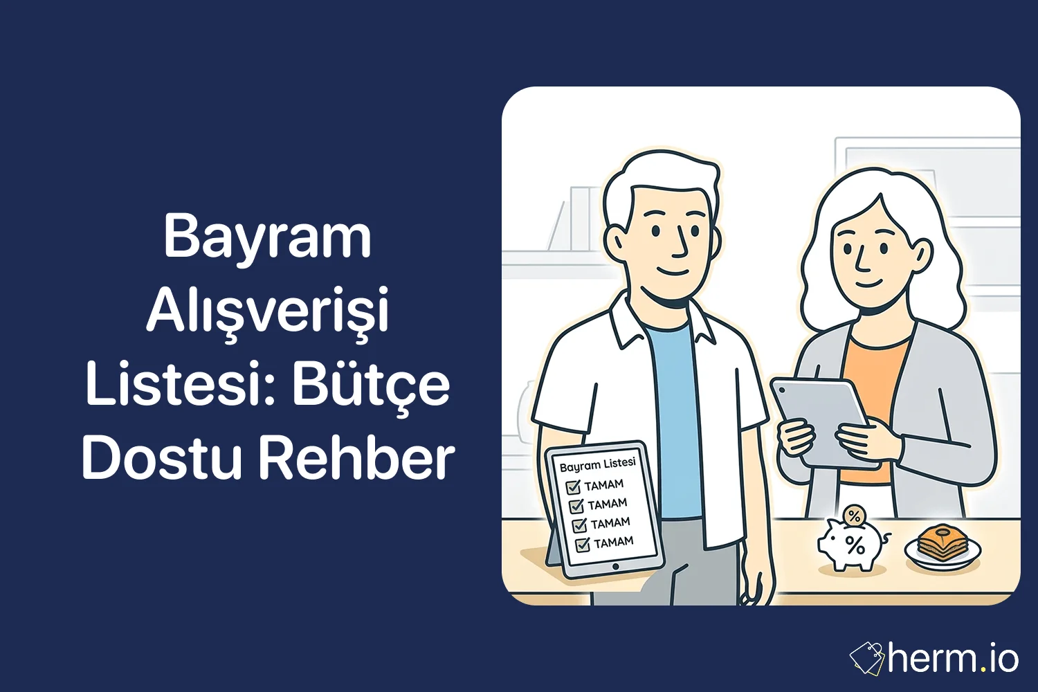 Bayram alışverişi listesi için market sepeti, çikolata, kolonya, hediye paketi ve bütçe notları bulunan sıcak bir Türk evi sahnesi.