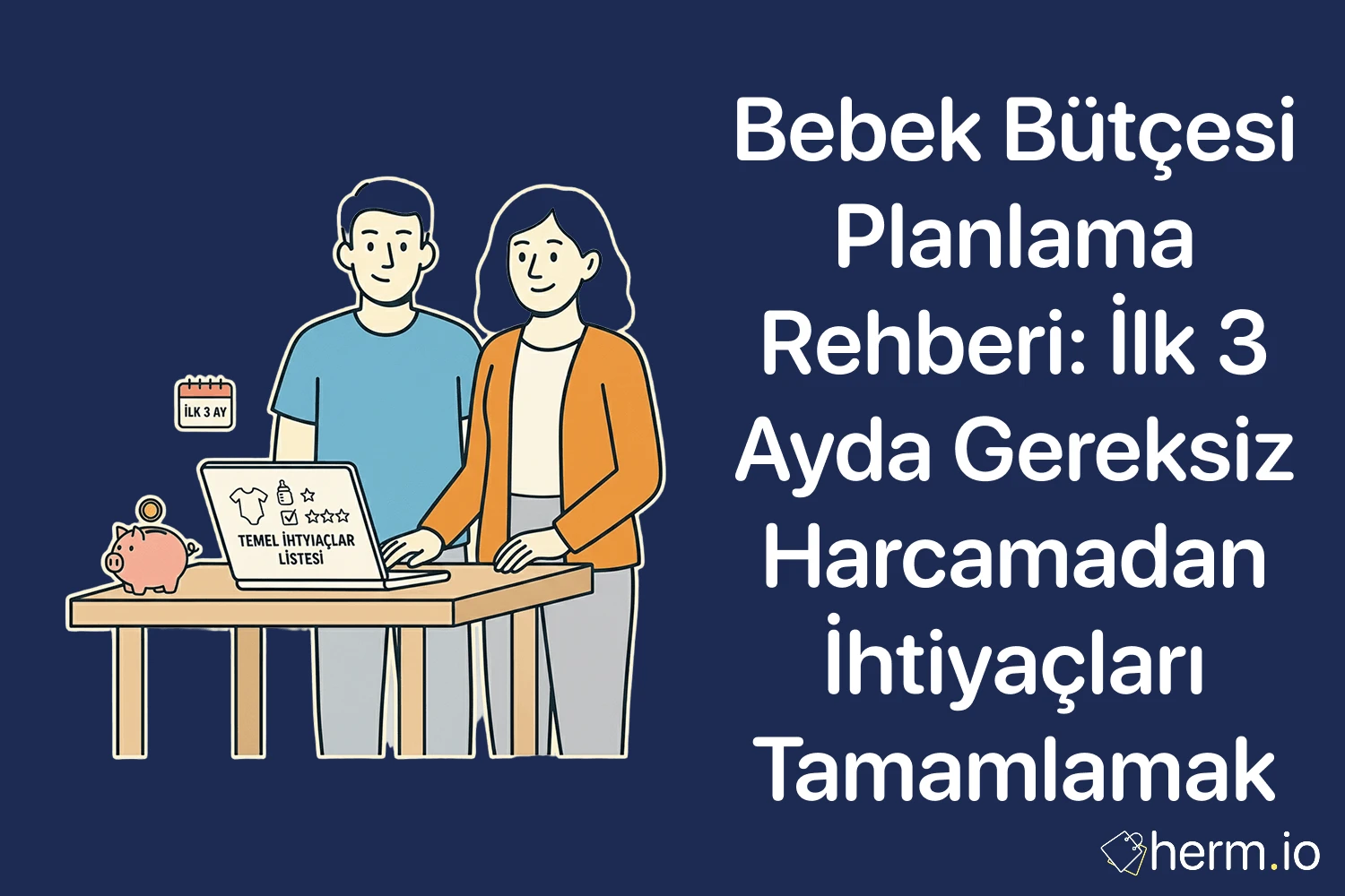 Bebek bütçesi planlama rehberi kapak görseli: ilk 3 ayda gereksiz harcamadan ihtiyaçları tamamlamak; masa, laptop, kumbara ve ebeveyn illüstrasyonu.