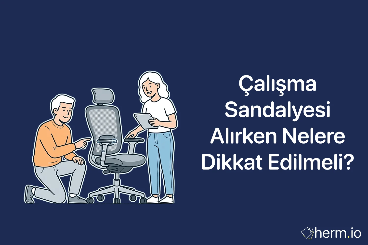 Evden çalışma için masa yanında duran ergonomik sandalye, ölçü kontrolü ve online alışveriş notlarıyla hazırlanmış rehber görseli.