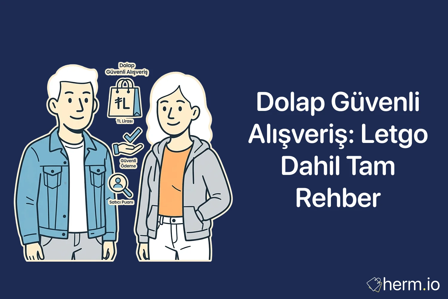 Dolap ve Letgo üzerinden ikinci el kıyafet alırken güvenli ödeme, satıcı kontrolü ve sahte link uyarılarını gösteren alışveriş rehberi görseli.