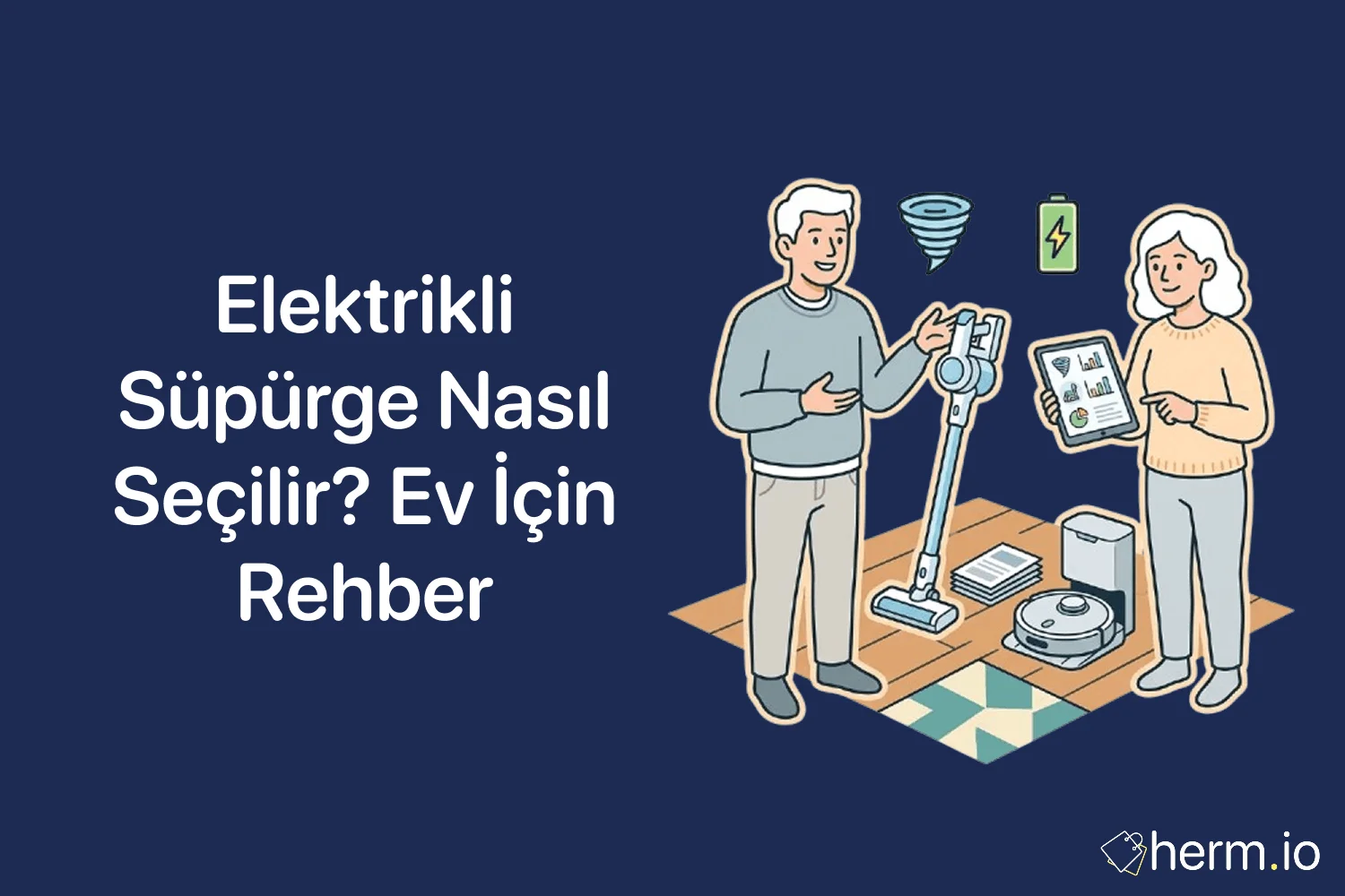 Ev alışverişinde elektrikli süpürge seçimini anlatan kapak görseli: halı, parke, HEPA filtre ve sessiz model simgeleri.