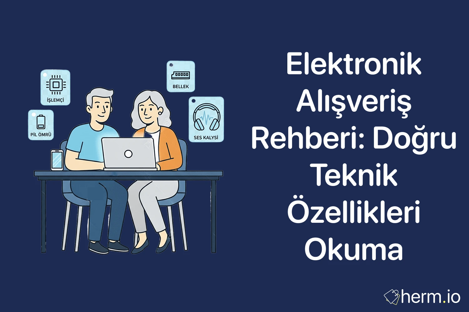 Elektronik alışveriş rehberi kapak görseli: doğru teknik özellikleri okuma; laptop başında çift, işlemci, bellek, pil ömrü ve ses kalitesi ikonları.