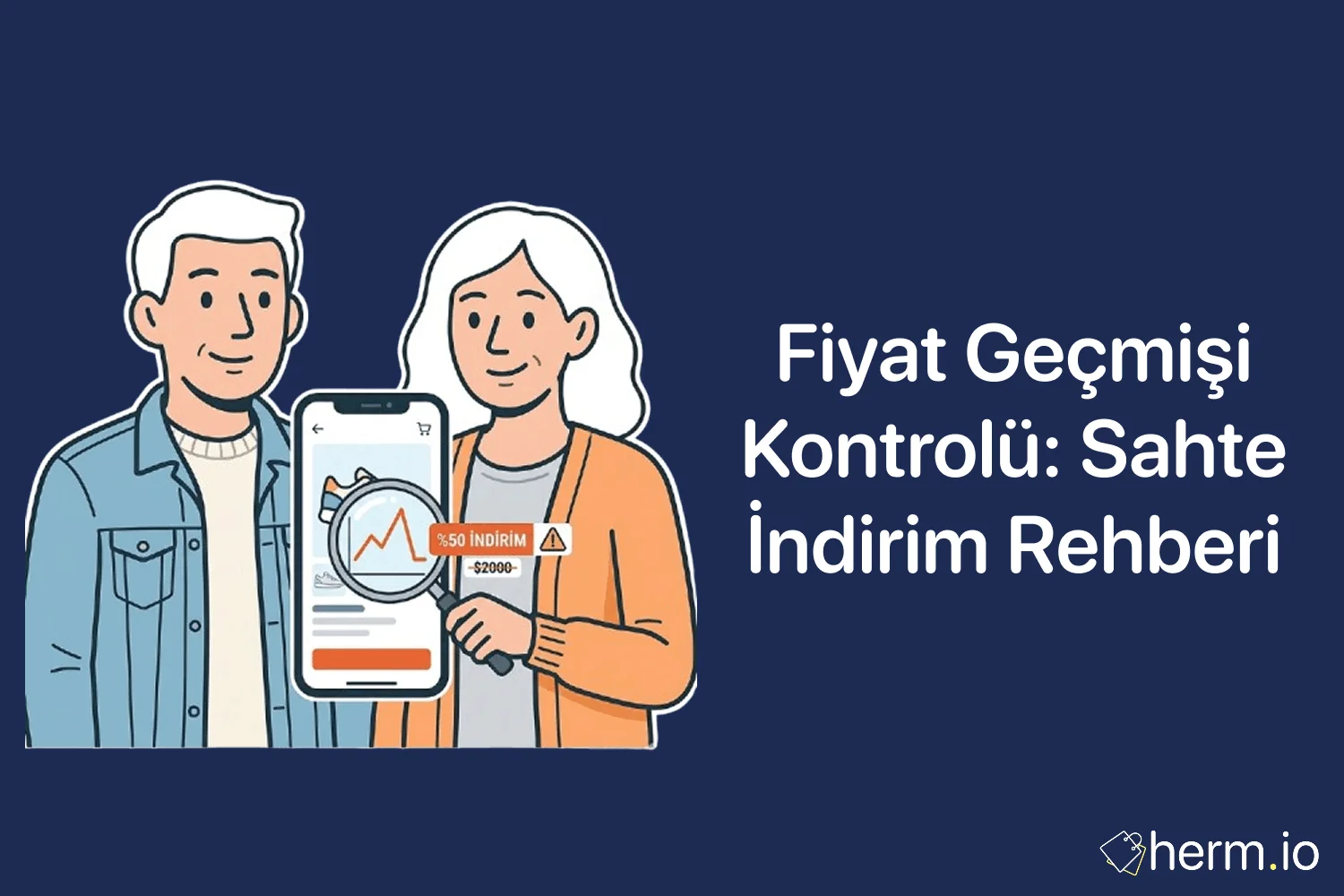 Online alışverişte fiyat geçmişi grafiği, indirim etiketi ve sepet tutarını karşılaştıran Türkçe rehber kapak görseli.