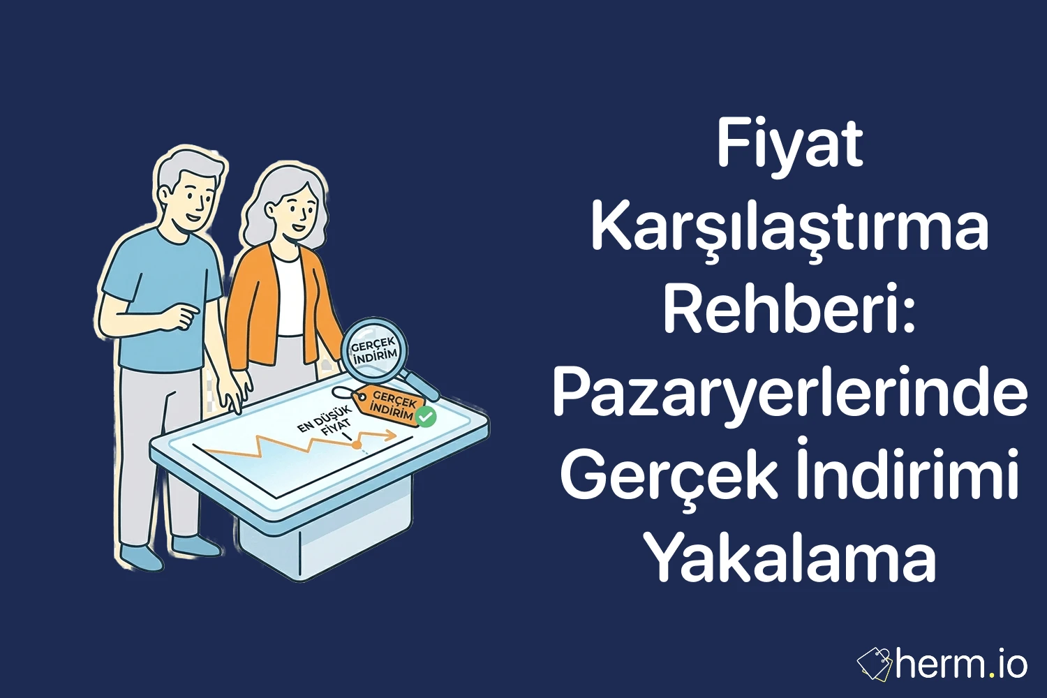 Fiyat karşılaştırma rehberi kapak görseli; pazaryerlerinde gerçek indirimi arayan büyüteç ve fiyat grafiği inceleyen çift illüstrasyonu.