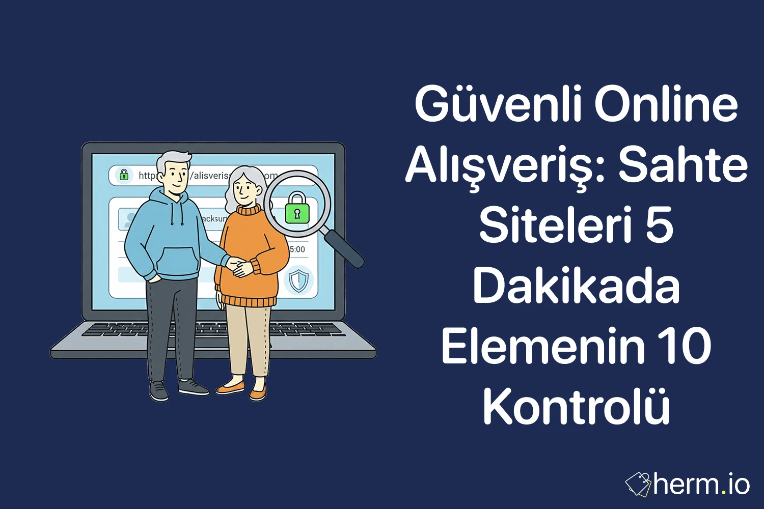 Güvenli online alışveriş kapak görseli; sahte siteleri elemek için kilit ve büyüteçli laptop önünde duran çift illüstrasyonu.