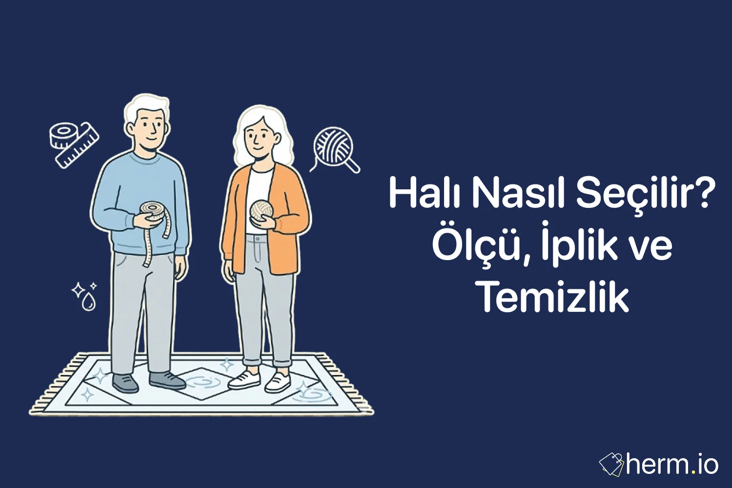 Salon zemini üzerinde farklı ölçü ve dokularda halılar, mezura, temizlik etiketi ve online alışveriş sepeti görseli.