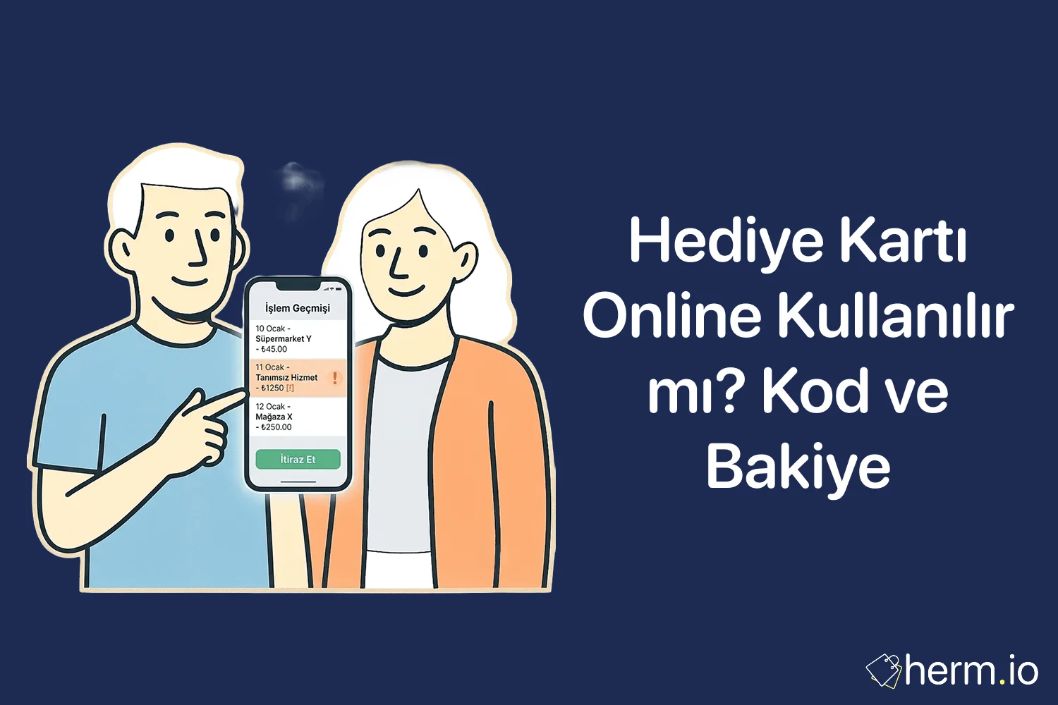 Online alışverişte hediye kartı kodu, bakiye sorgulama ve ödeme ekranı kontrolünü gösteren Türkçe rehber görseli.