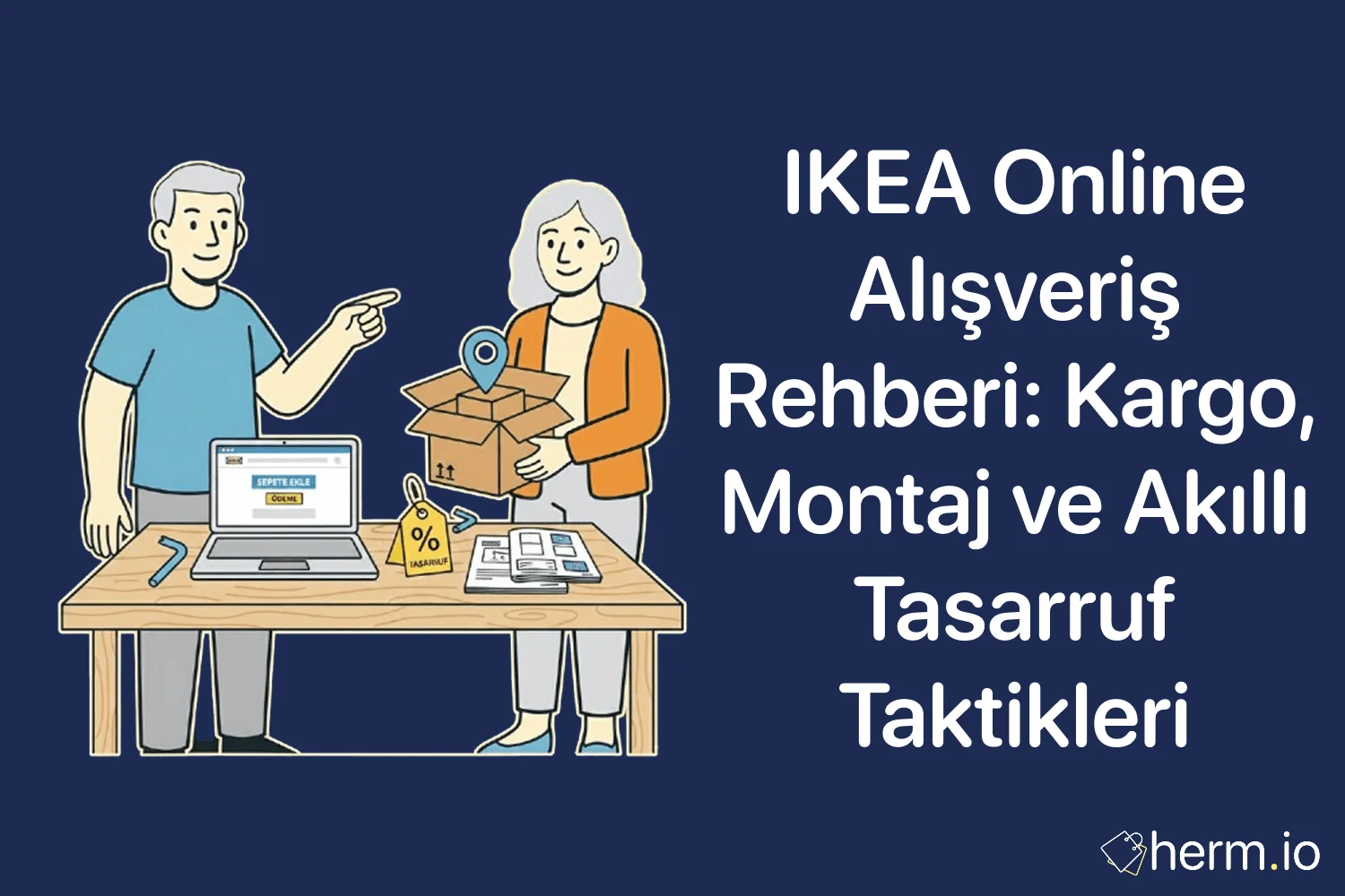 IKEA online alışveriş rehberi, kargo süreci, montaj hizmeti ve akıllı tasarruf taktiklerini gösteren bilgilendirici görsel