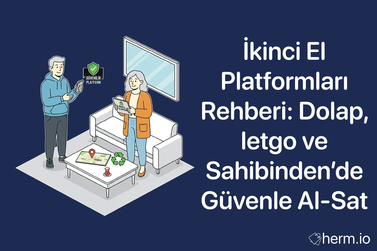 İkinci el platformları rehberi kapak görseli; Dolap, letgo ve Sahibinden’de güvenli al-sat için ev içi illüstrasyon
