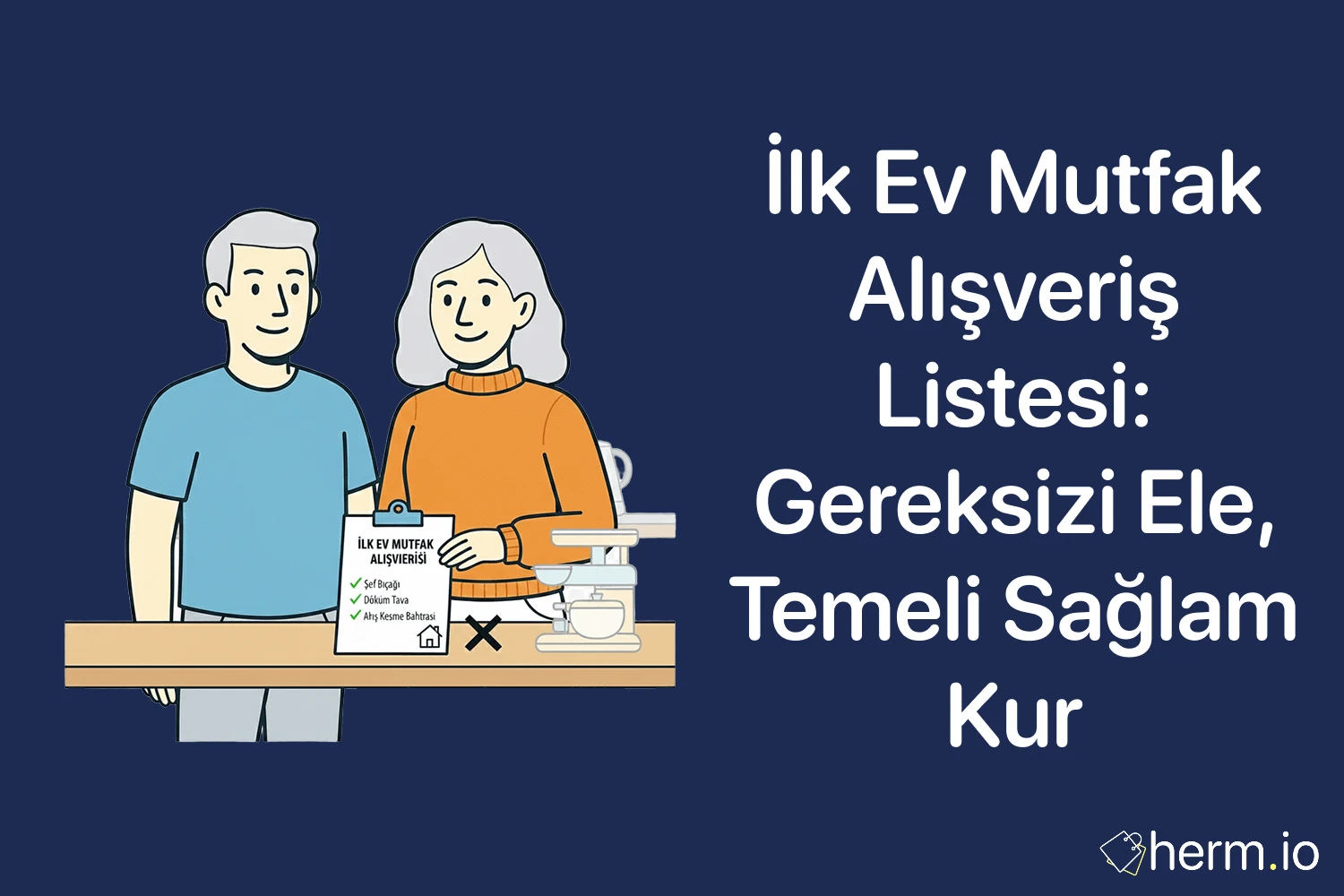 İlk ev mutfak alışveriş listesi kapak görseli: gereksizi ele, temeli sağlam kur; alışveriş listesi ve temel mutfak gereçleriyle çift illüstrasyonu.