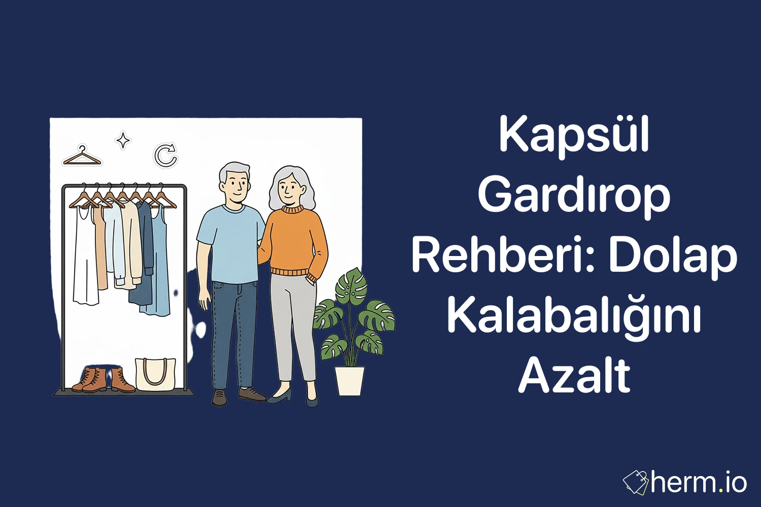 Kapsül gardırop rehberi kapak görseli: dolap kalabalığını azalt; askılıkta kıyafetler, minimal dolap düzeni ve çift illüstrasyonu.